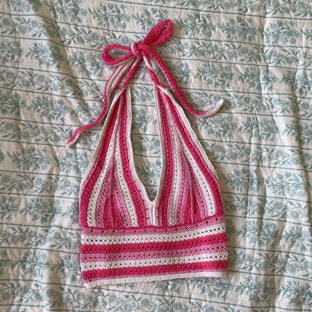 Hollister Crochet Pink and White Striped Crop Top
